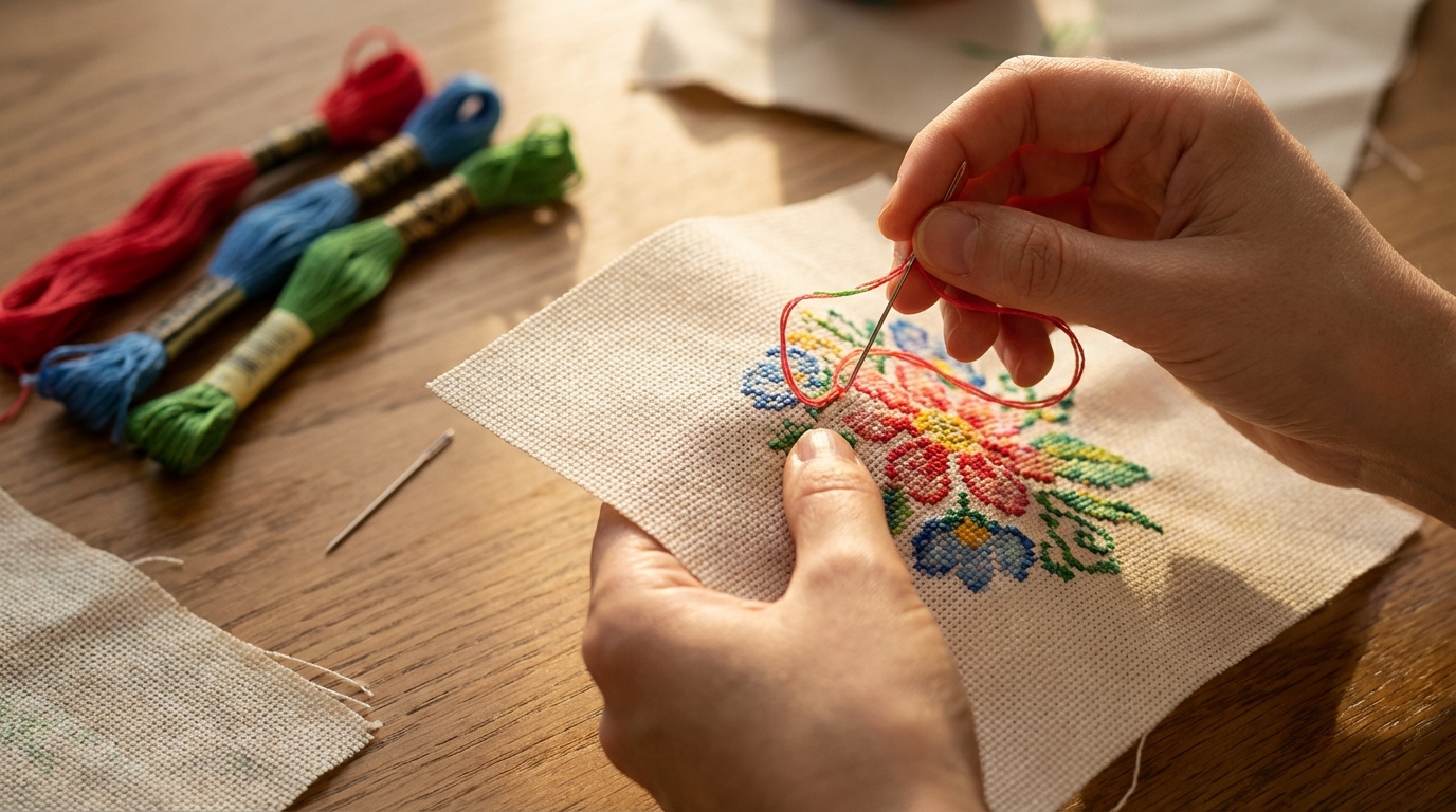 Сочетание ниток и игл в процессе вышивки крестом