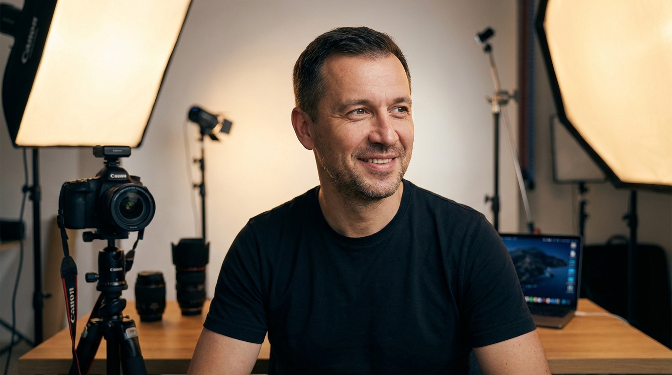 Дмитрий Ковалёв — портрет автора в профессиональной студии с фокусом на лице и инструментами в фоне