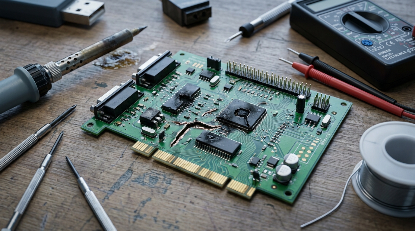 Изображение поврежденной электронной платы в процессе ремонта