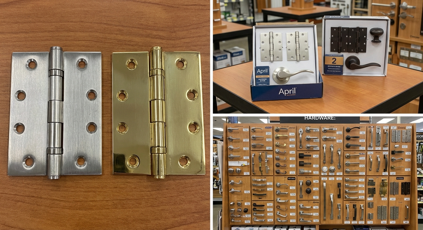 Различные виды фурнитуры для межкомнатных дверей на полке магазина