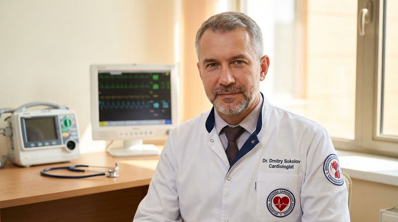 Дмитрий Соколов — профессиональный портрет кардиолога в лабораторном халате на фоне медицинского оборудования
