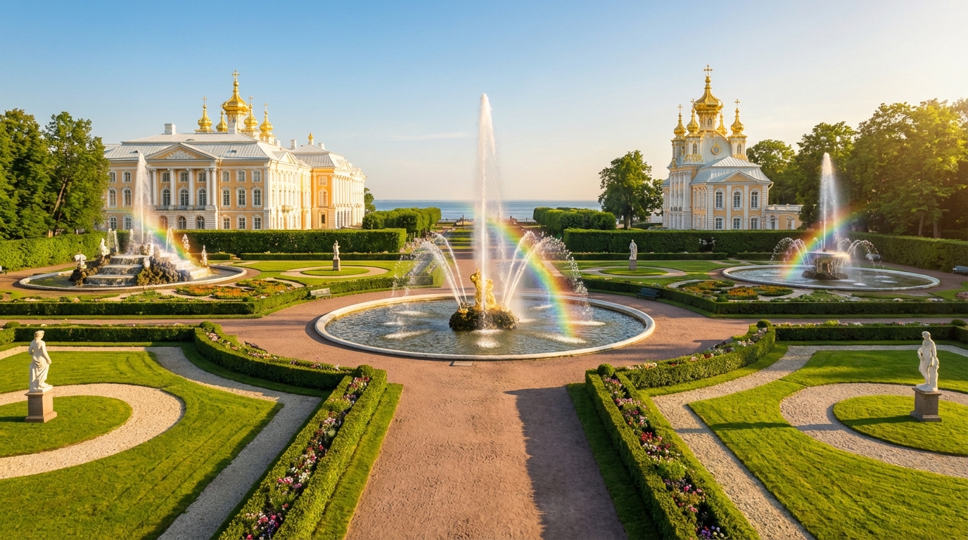 Парк Петергофа с фонтанами и дворцом