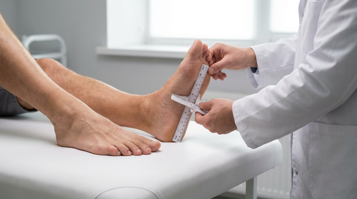 Процесс измерения стопы для подбора ортопедических стелек