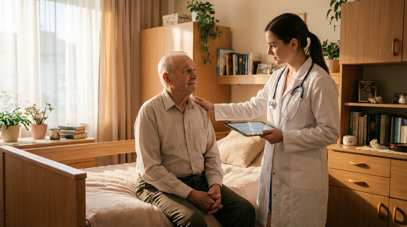 Медицинский персонал в пансионате проводит осмотр пожилого человека