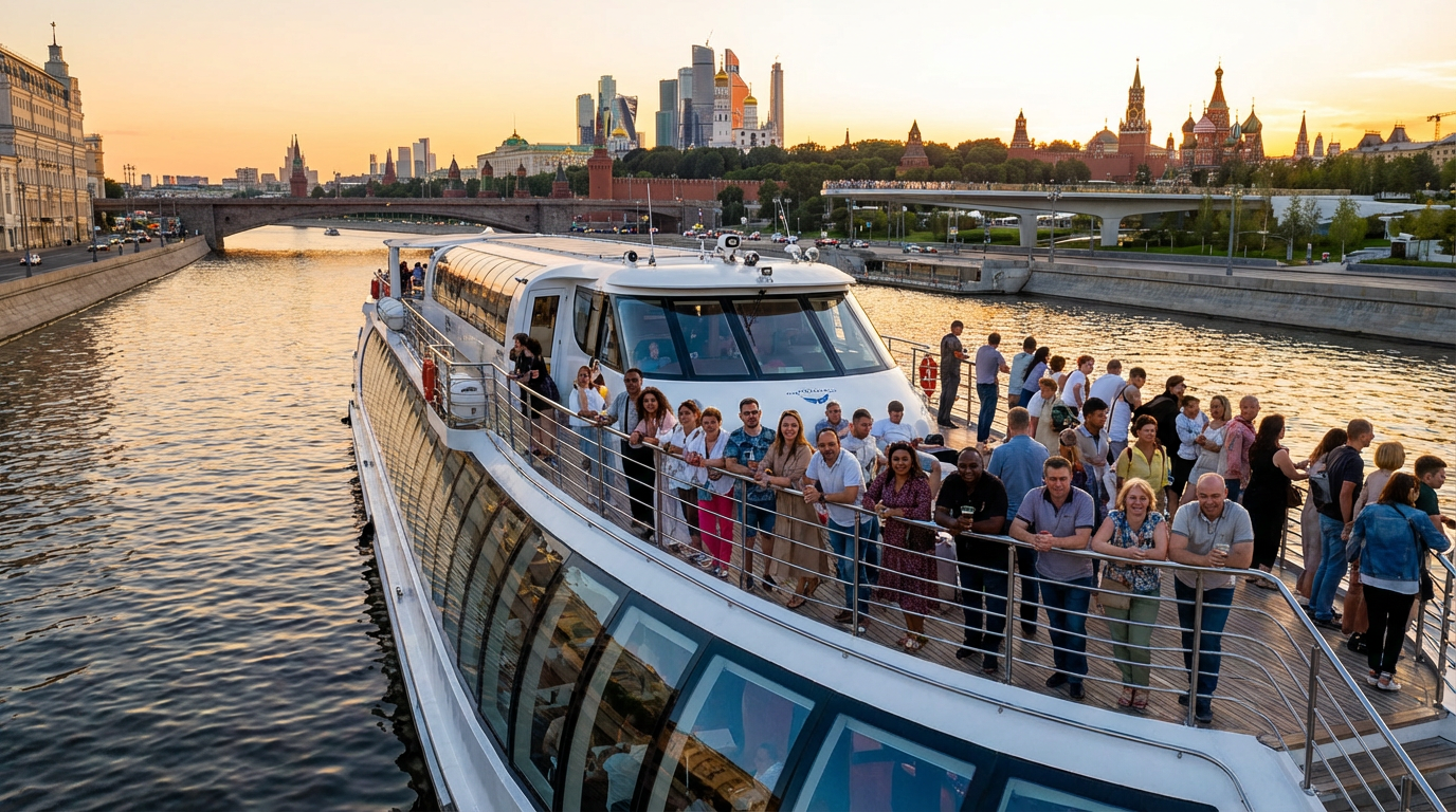 Современный теплоход на Москве-реке с пассажирами на палубе