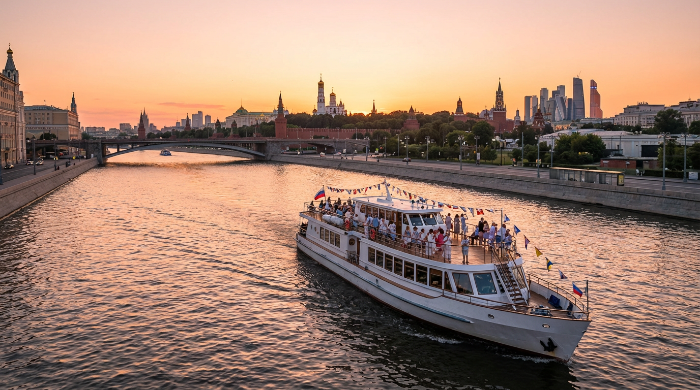 Теплоход на Москве-реке с видом на городские достопримечательности