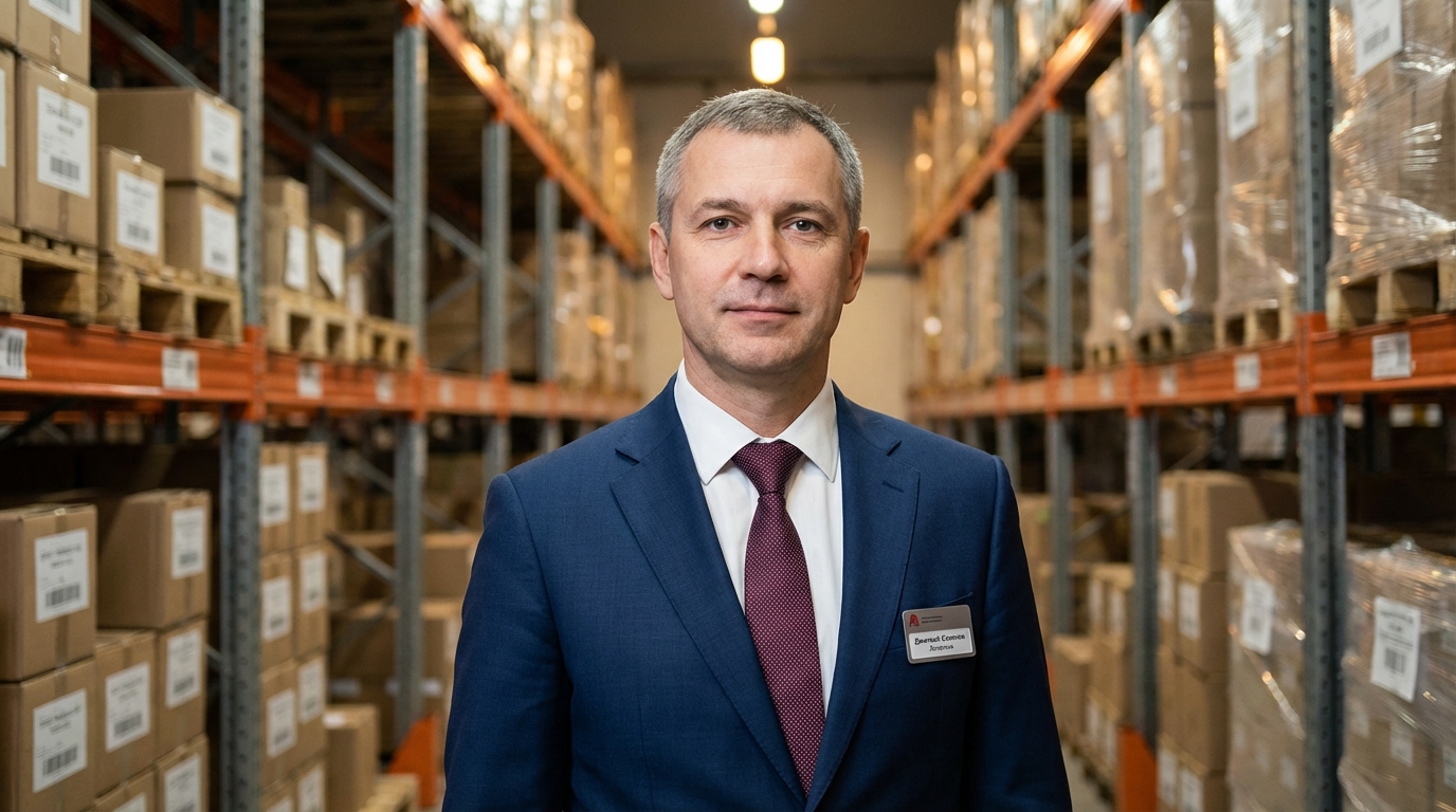 Дмитрий Соколов — портрет эксперта в деловом костюме на фоне складских полок с упаковкой