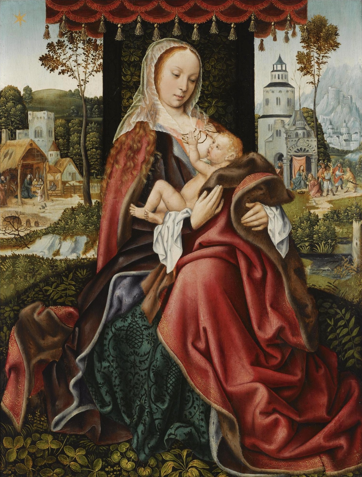 4Мастерская. Мадонна с Младенцем, Рождеством и Поклонением волхвов (he Virgin And Child In A Landscape)_58.9 х 44.8_д.,м._Частное собрание.jpg