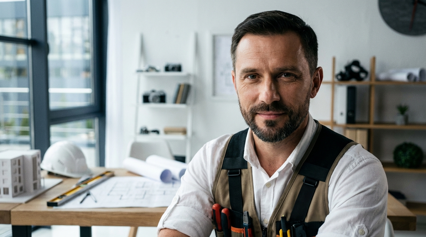 Дмитрий Козлов — портрет инженера в профессиональной обстановке с элементами строительного оборудования на фоне