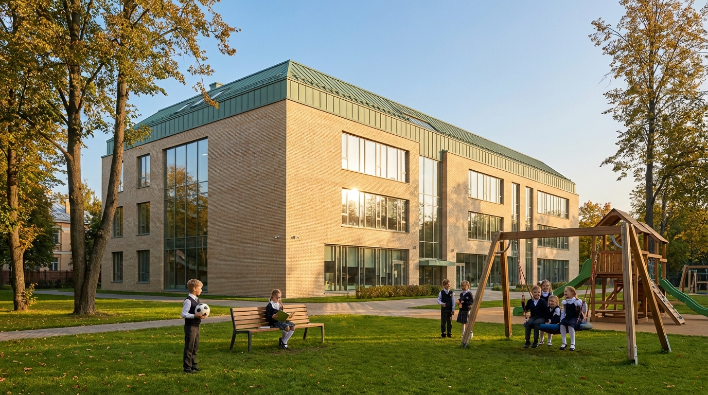 Здание частной школы в Кировском районе СПб с детьми на территории