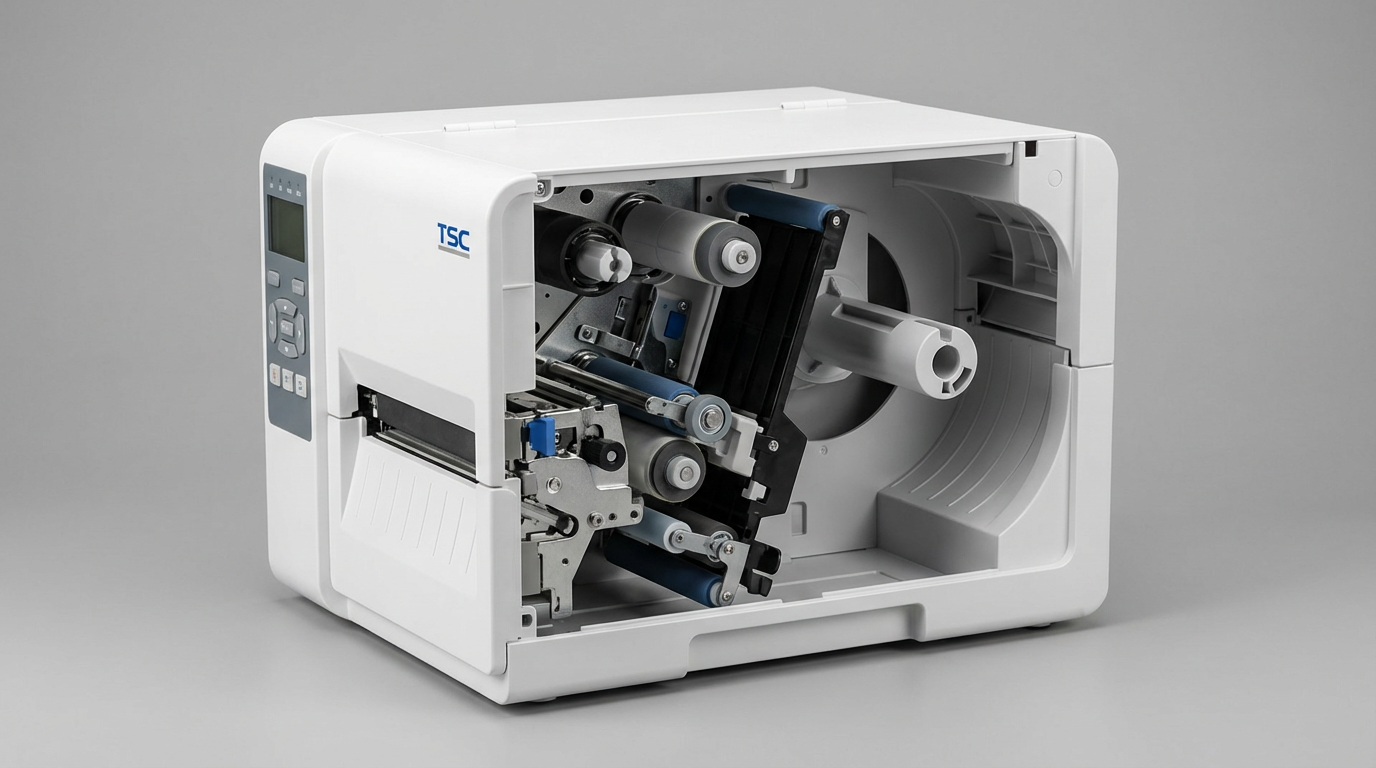 Боковой вид принтера TSC TE210 с открытым отсеком