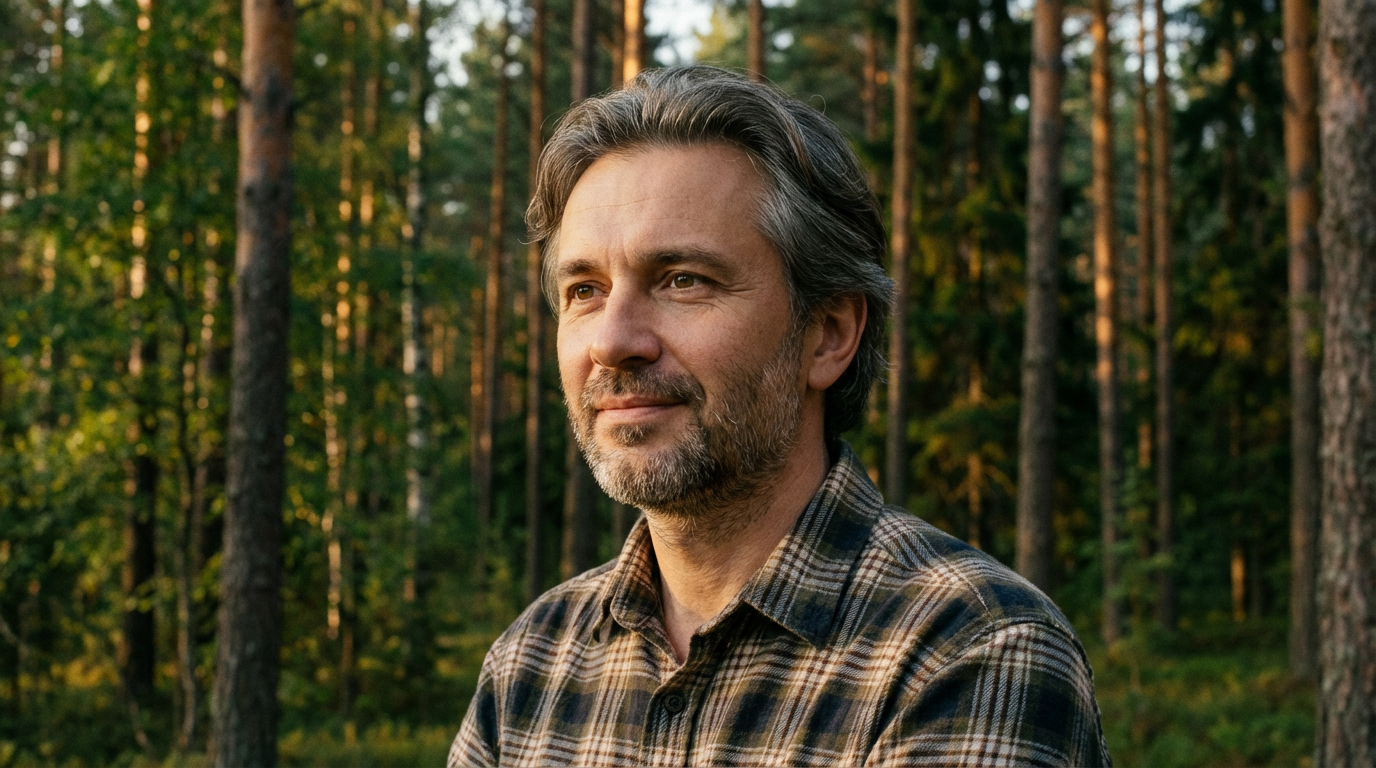 Дмитрий Соколов — портрет автора статьи, мужчина средних лет в рабочей одежде на фоне леса