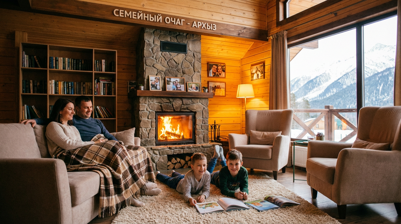 Коттедж в отеле Семейный Очаг Архыза с семьей у камина