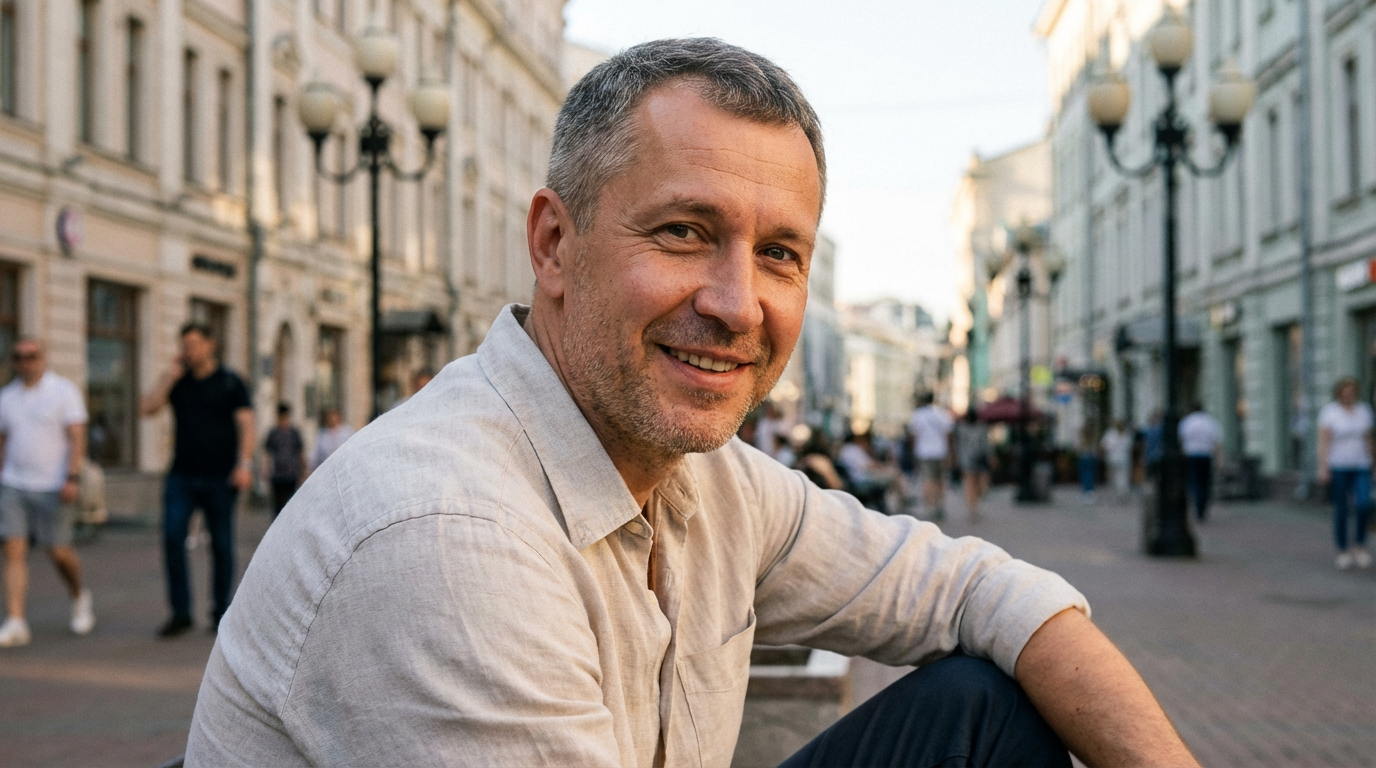 Дмитрий Соколов — портрет автора статьи, мужчина средних лет в повседневной одежде на фоне московских улиц, улыбающийся, в стиле уличной фот