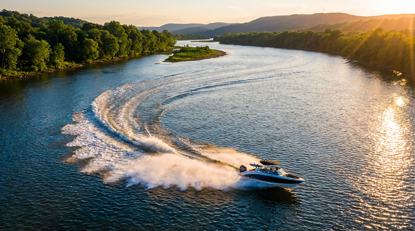 Маневр поворота моторной лодкой на реке