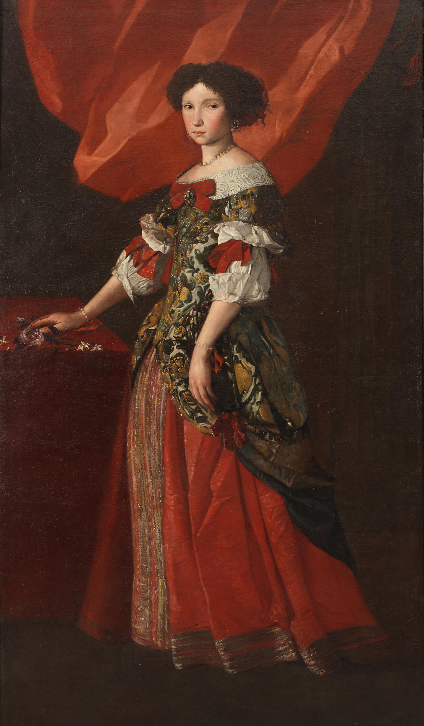 35 Pier Francesco Cittadini (Milan 1616-1681 Bologna) Portrait of a lady, full-length, in a red and gold brocade dress standing before a red curtain.jpg