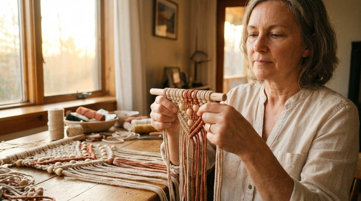 Женщина плетет макраме для выражения эмоций