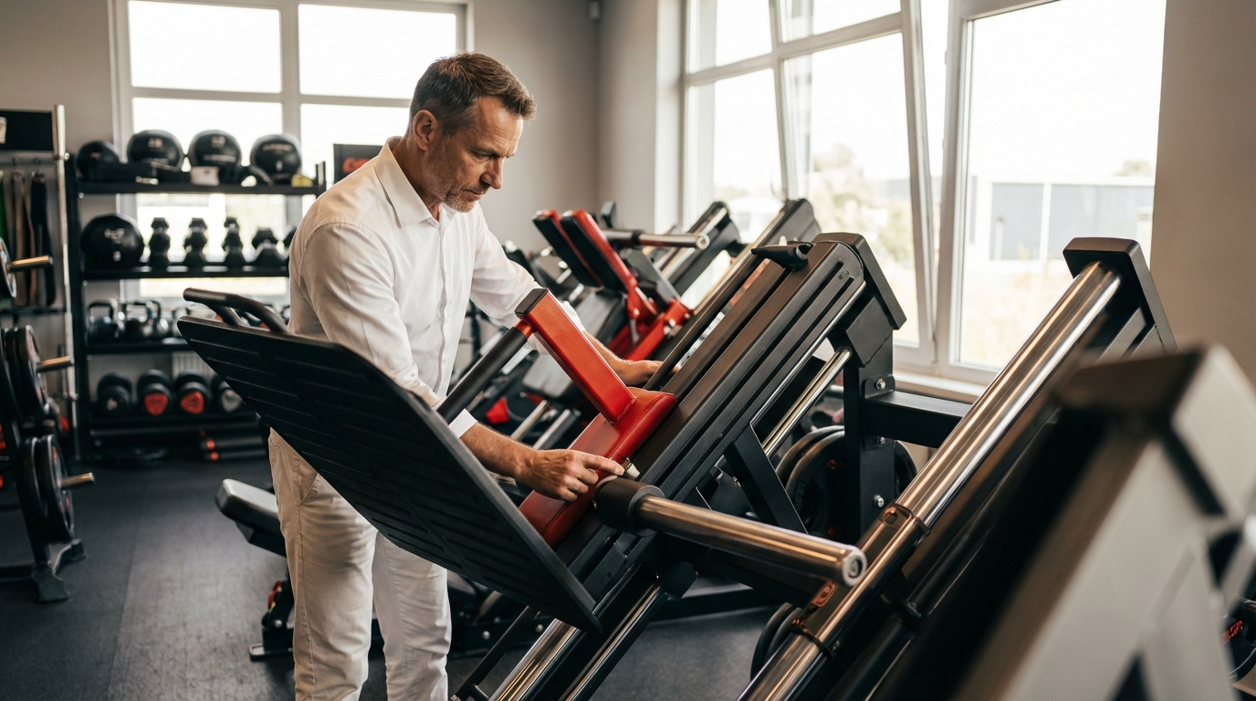 Эксперт оценивает силовой тренажер в магазине