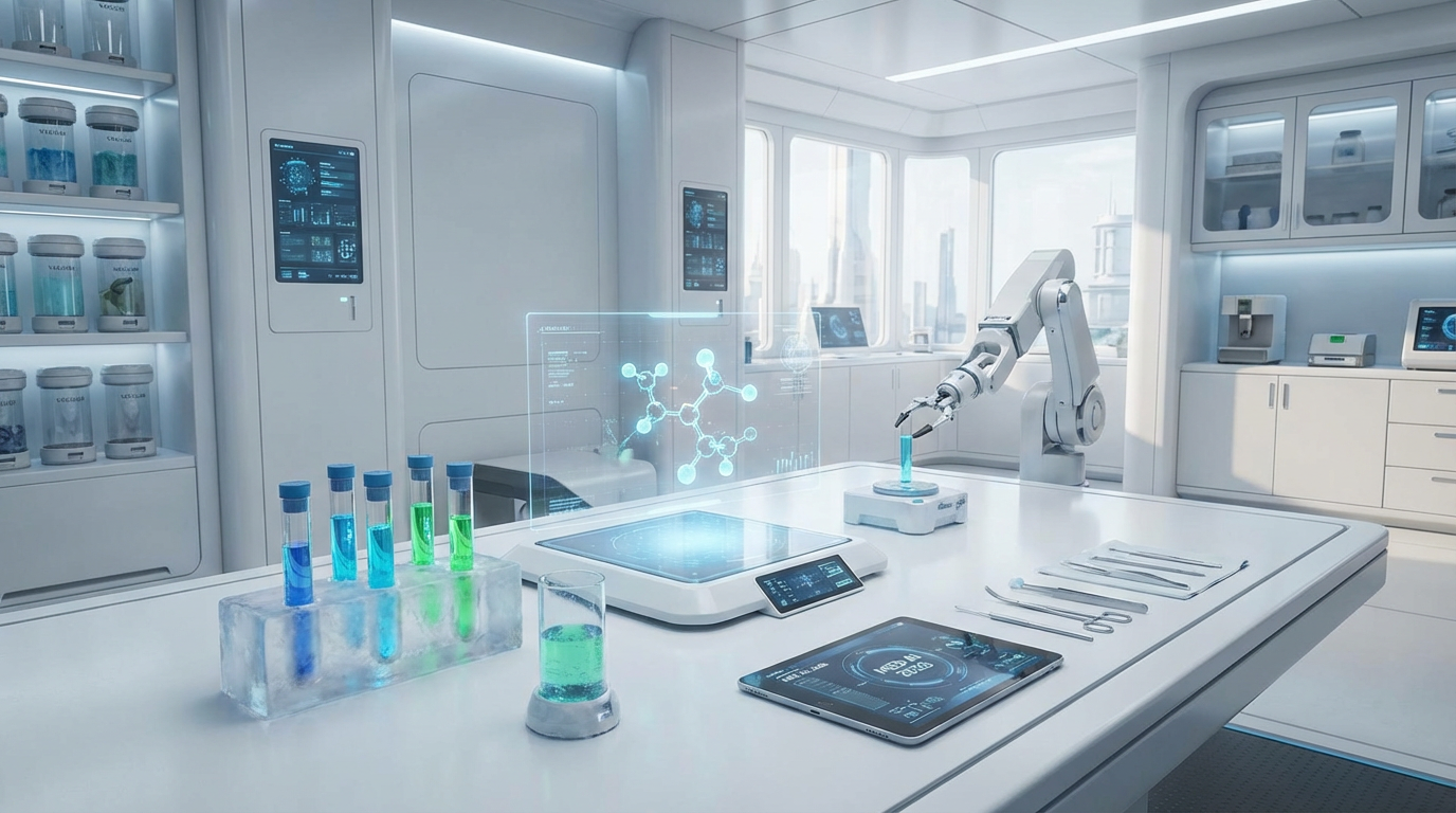 Фотореалистичное изображение современной медицинской лаборатории в 2026 году: средний план, вид спереди с лёгким углом сверху, фокус на стол