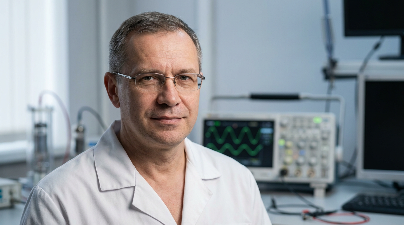 Дмитрий Козлов — портрет специалиста в белом халате у лабораторного оборудования с осциллографом на фоне