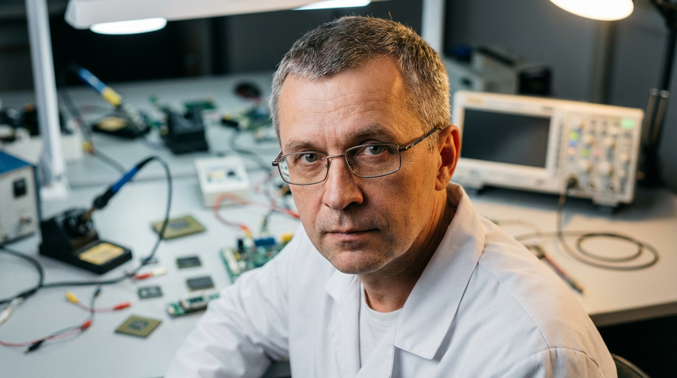 Дмитрий Козлов — портрет автора в лабораторной обстановке с электронными компонентами