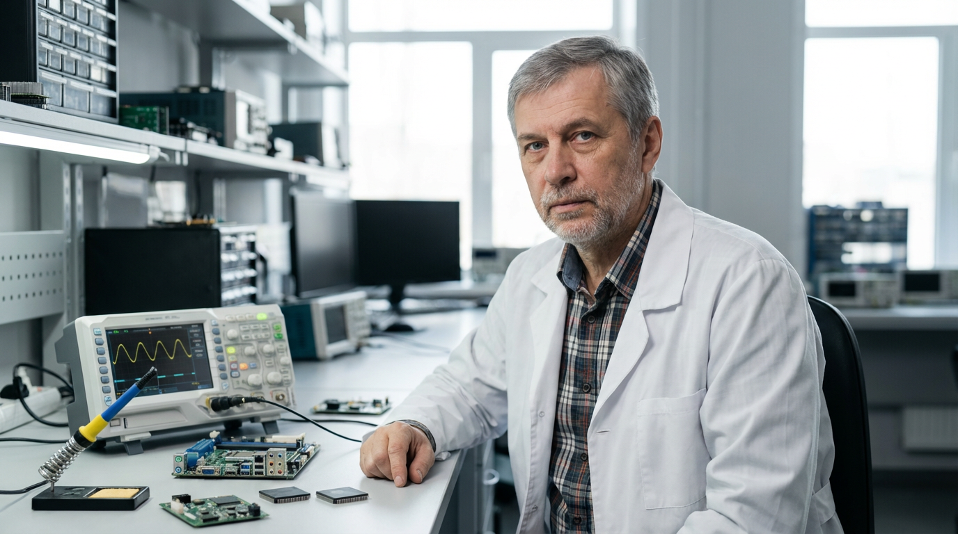 Дмитрий Соколов — портрет опытного инженера-электронщика в лабораторной обстановке