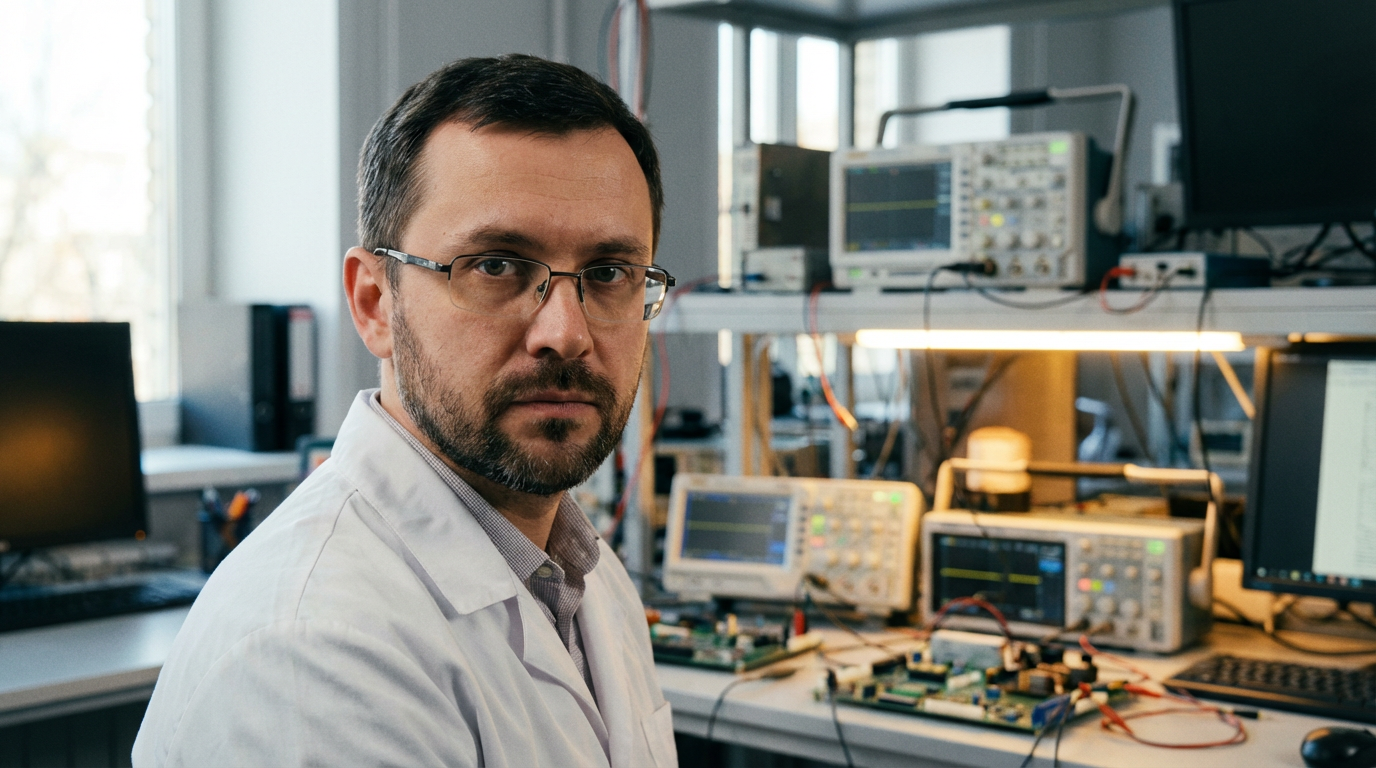 Дмитрий Козлов — портрет инженера в лабораторной обстановке с элементами электроники
