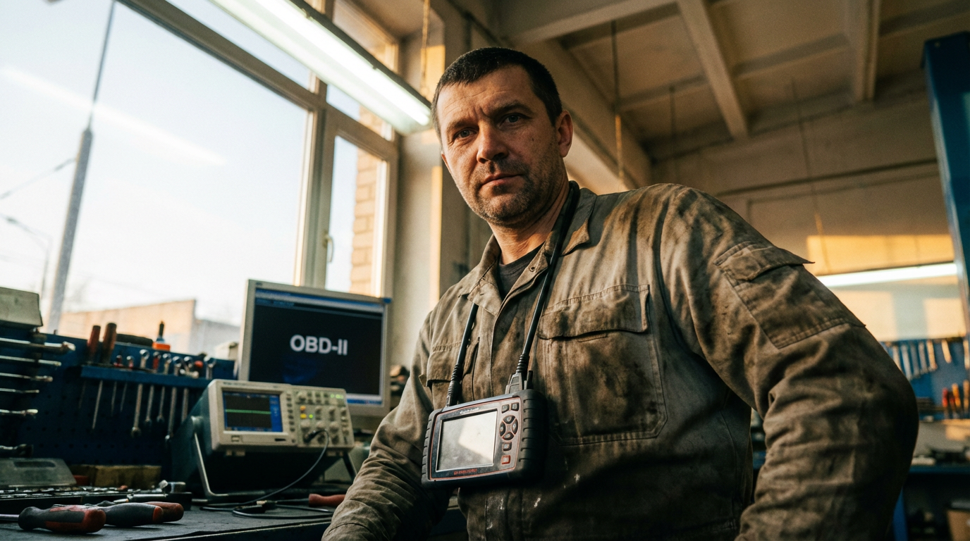 Сергей Воронин — портрет автоэлектрика в рабочей одежде на фоне диагностического оборудования