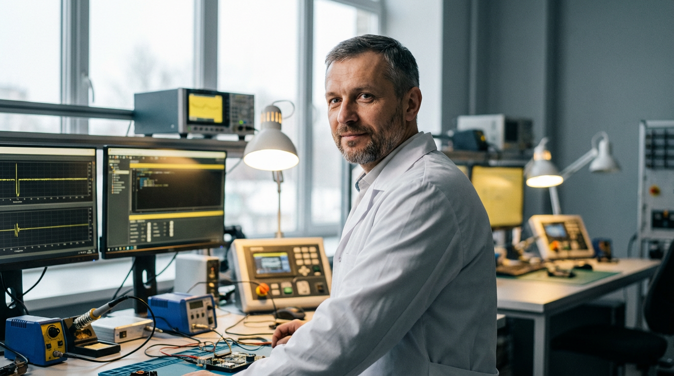 Алексей Воронин — портрет инженера в рабочей лаборатории с оборудовани