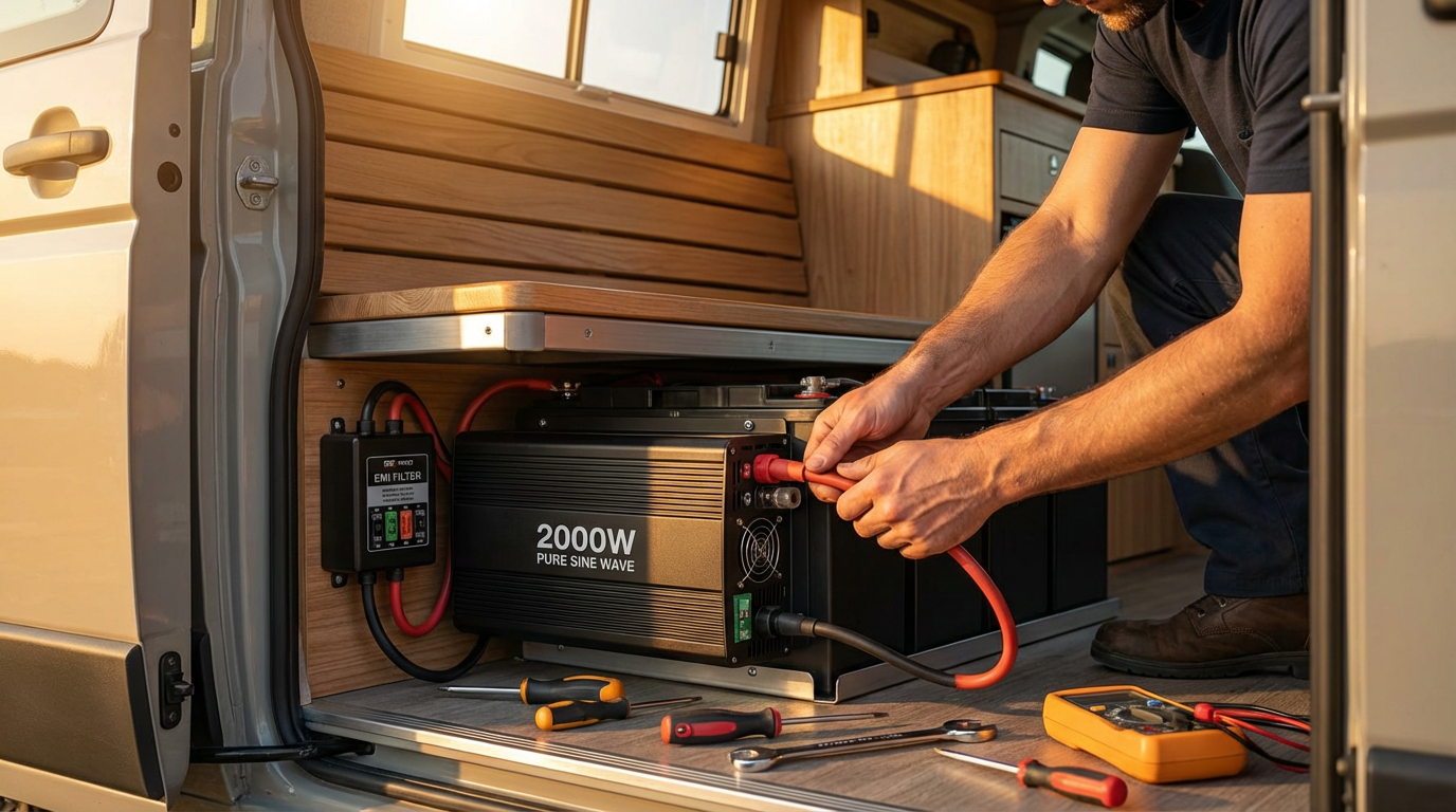 Установка инвертора в кемпере с элементами фильтрации