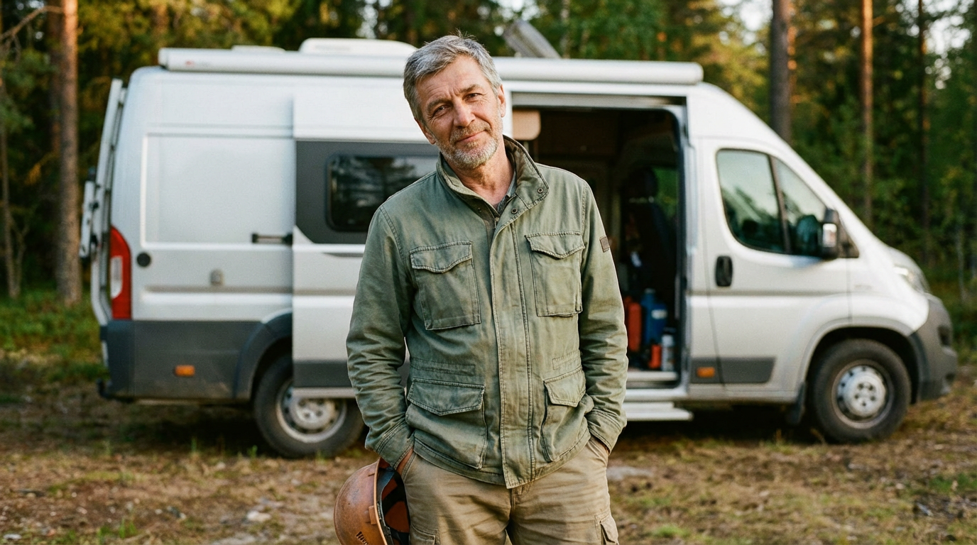 Иван Сергеевич Козлов — портрет опытного инженера в полевой одежде на фоне автодома