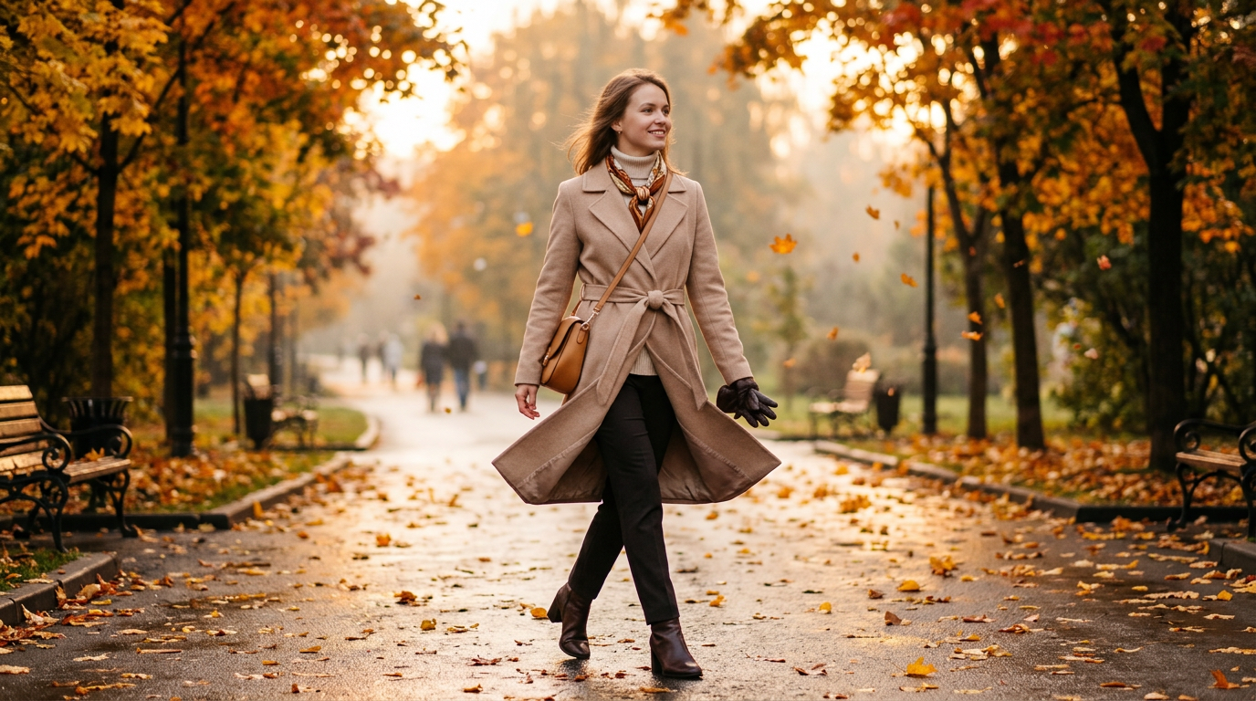 Женское кашемировое пальто в осеннем образе на улице
