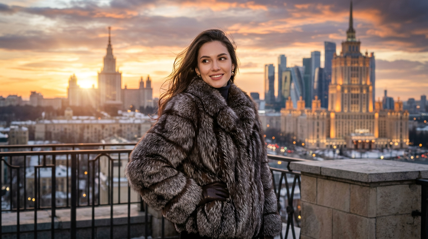 Женщина в полушубке из соболиного меха на фоне московских высоток