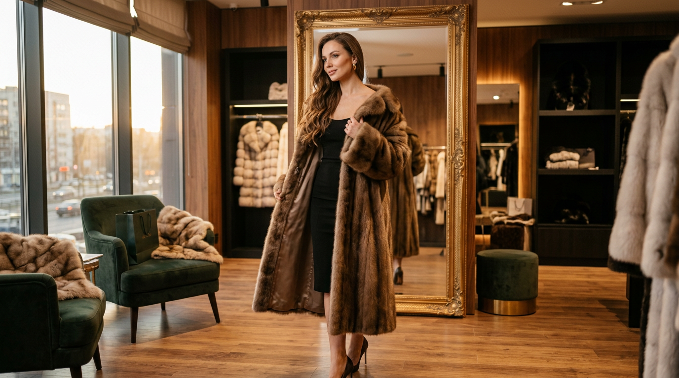Женщина примеряет длинную шубу из соболя в меховом салоне