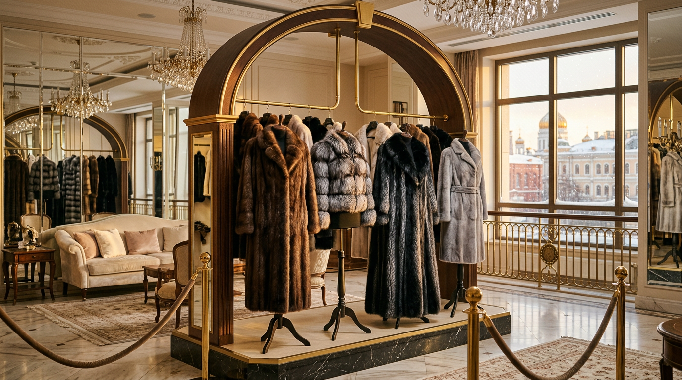 Интерьер мехового салона в Москве с витринами шуб из соболя