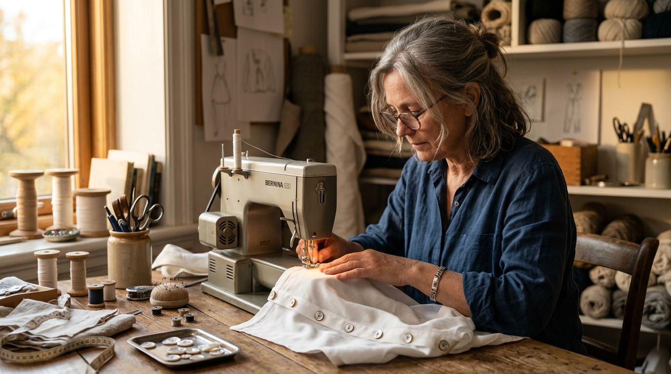 Женщина-мастерица шьет блузку с премиум-пуговицами