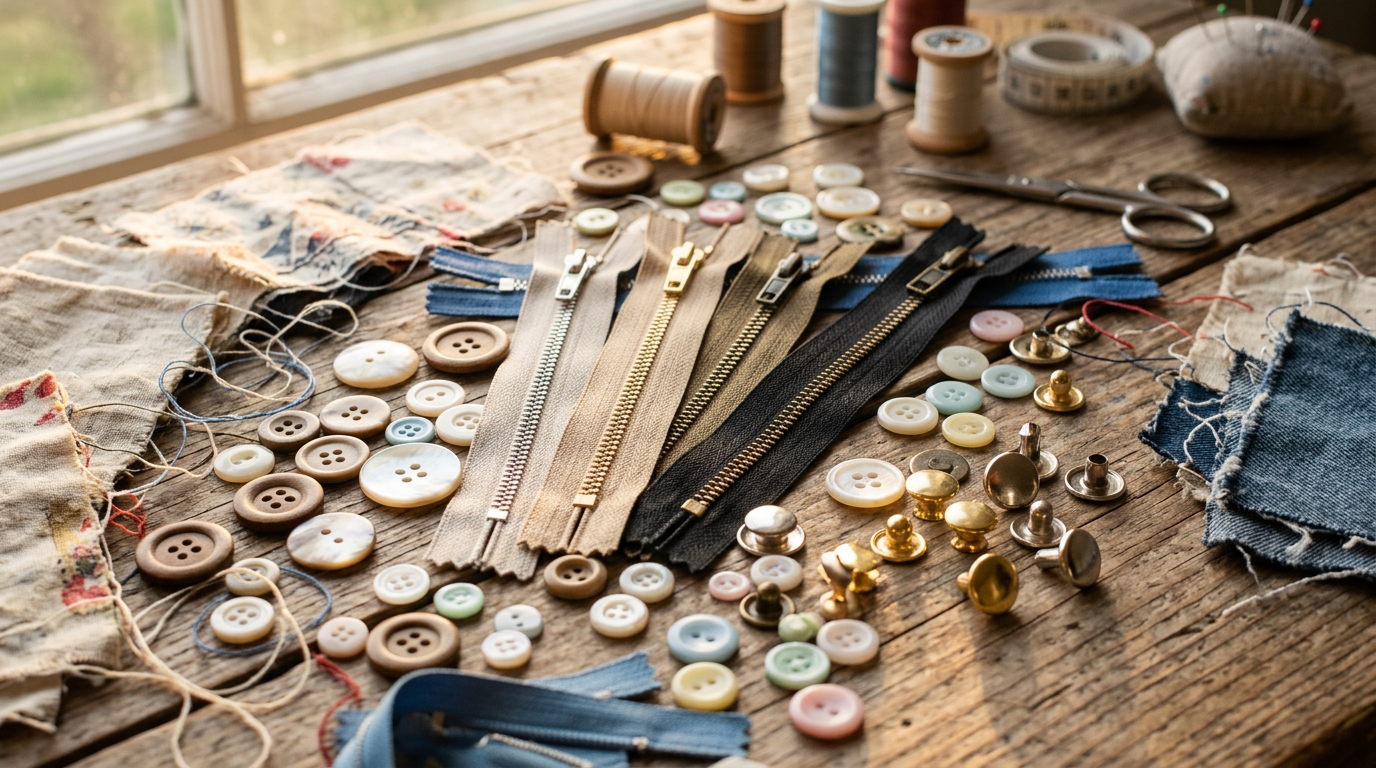 Швейная фурнитура для обновления старой одежды: молнии, пуговицы и заклепки на столе