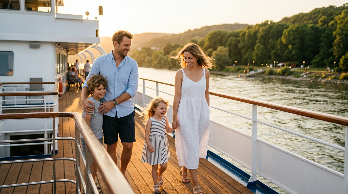 Семейная прогулка на теплоходе по реке с детьми