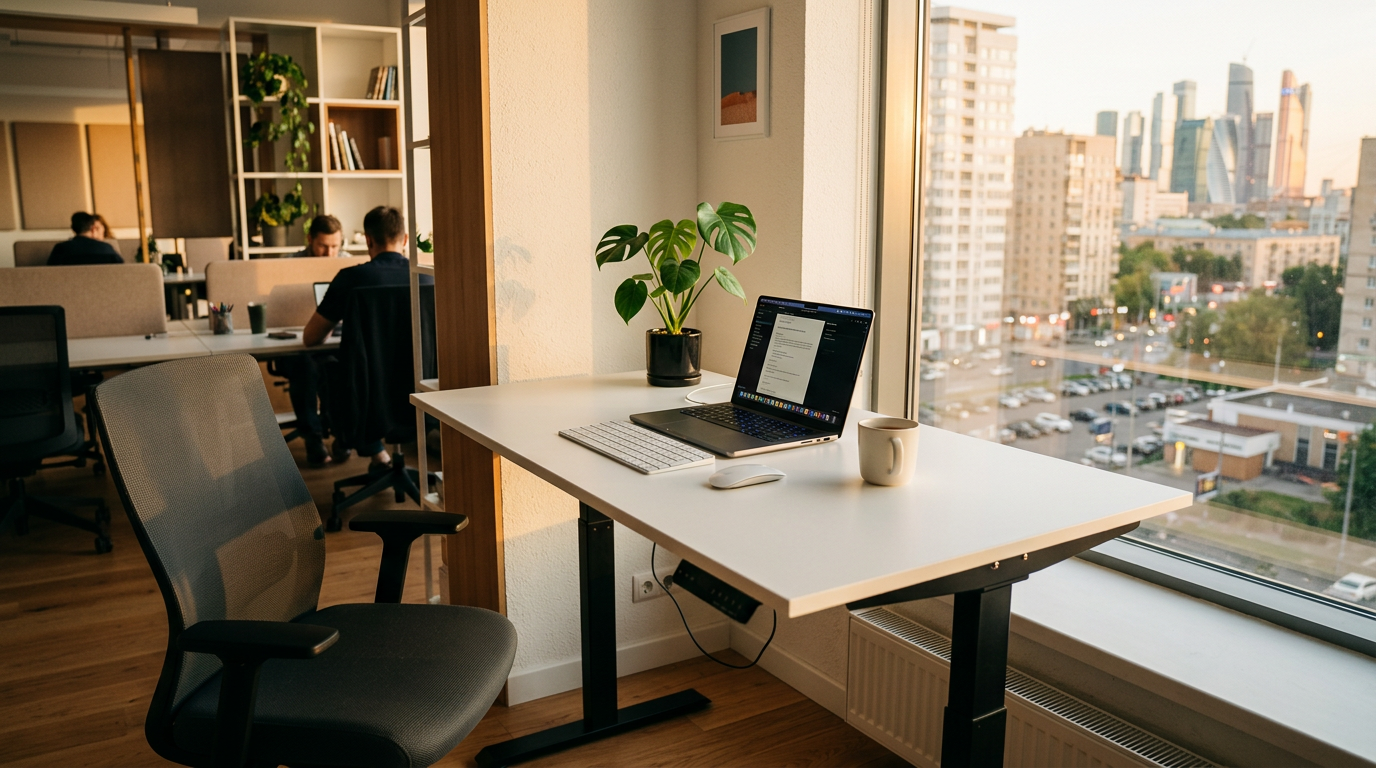 Офисный стол правильной высоты с регулируемой конструкцией в современном российском офисе