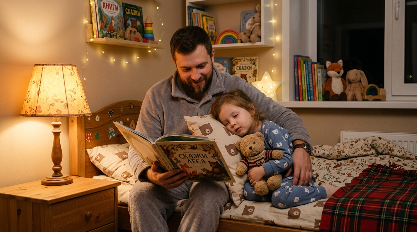 Родитель читает сказку ребенку перед сном в уютной комнате