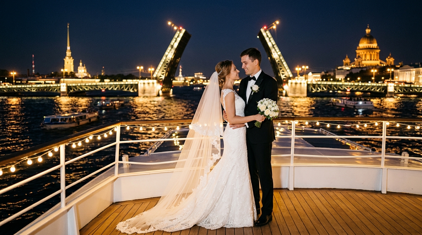 Свадебная пара на теплоходе во время развода мостов в Санкт-Петербурге