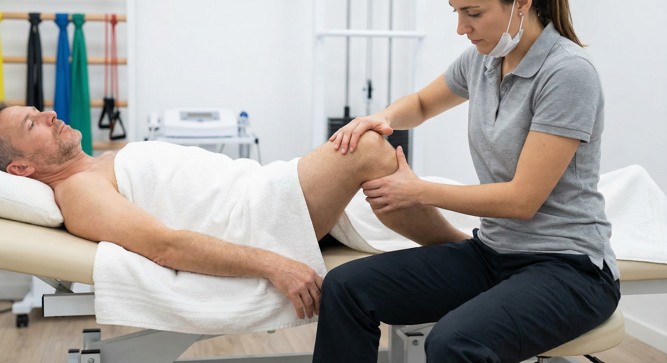массаж при болях в суставах — специалист работает с коленным суставом пациента
