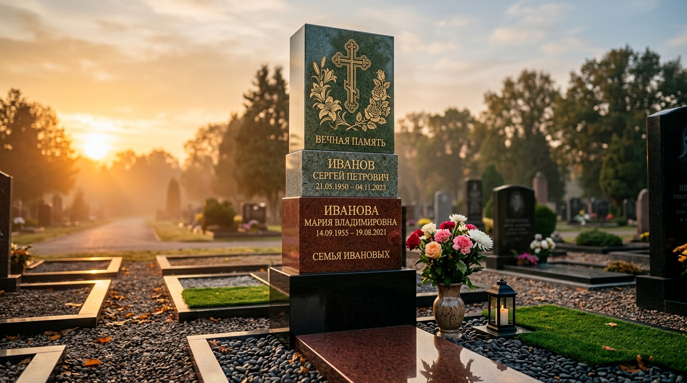 Гранитный памятник разных цветов на могиле