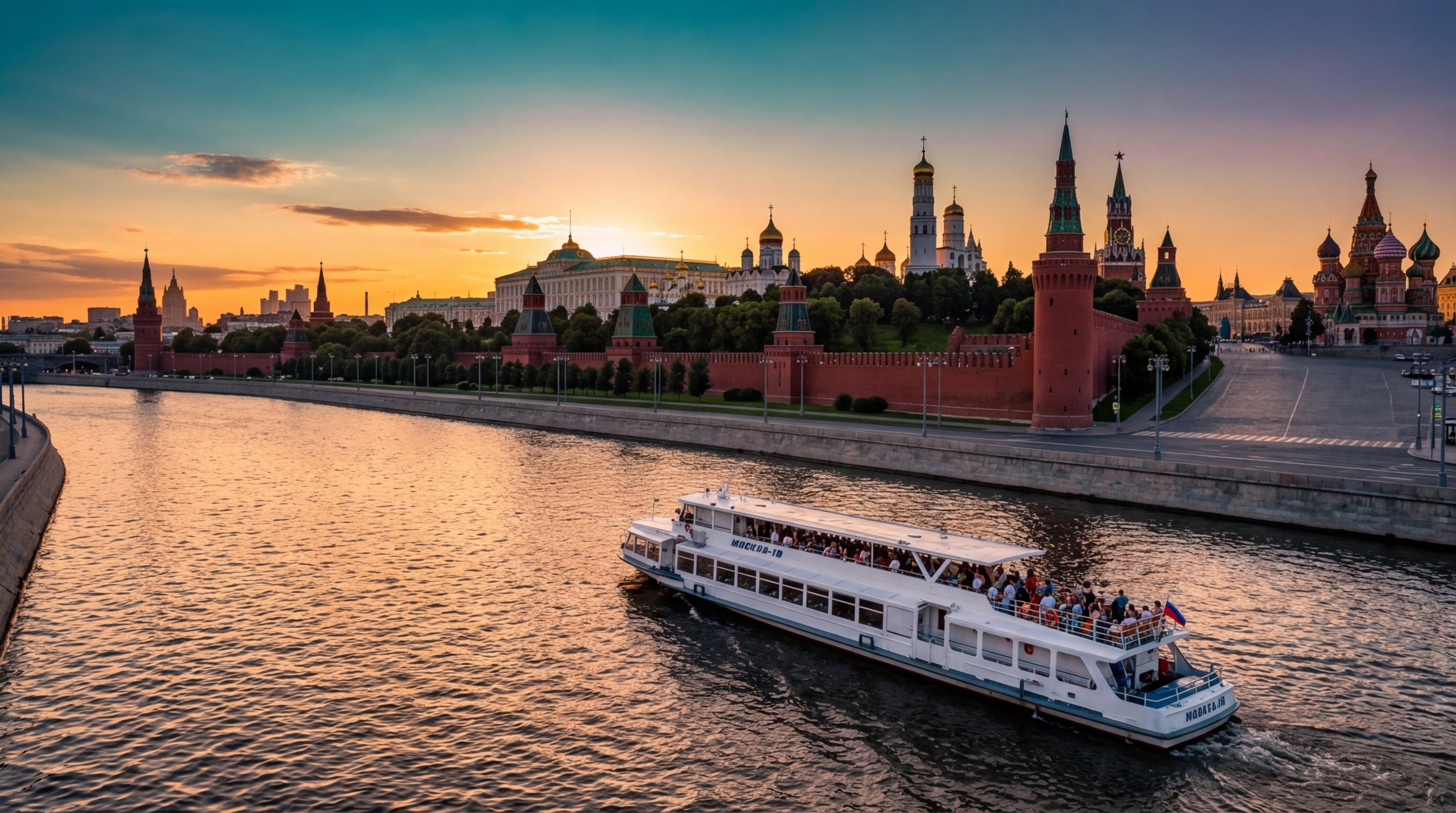 Прогулочный теплоход на Москве-реке у Кремля