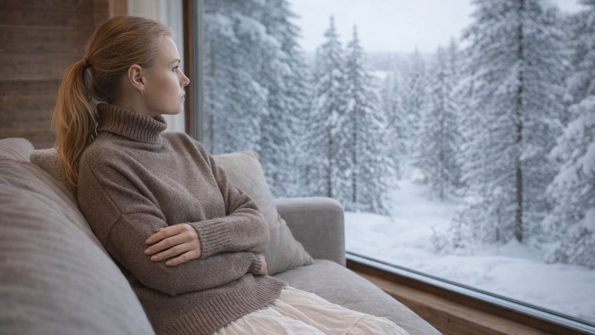 Женщина в уютном кашемировом свитере на фоне зимнего пейзажа