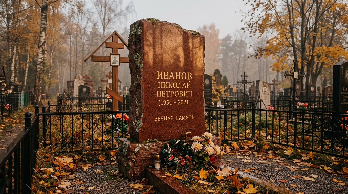 Памятник из красного гранита на российском кладбище с полированной поверхностью и гравировкой