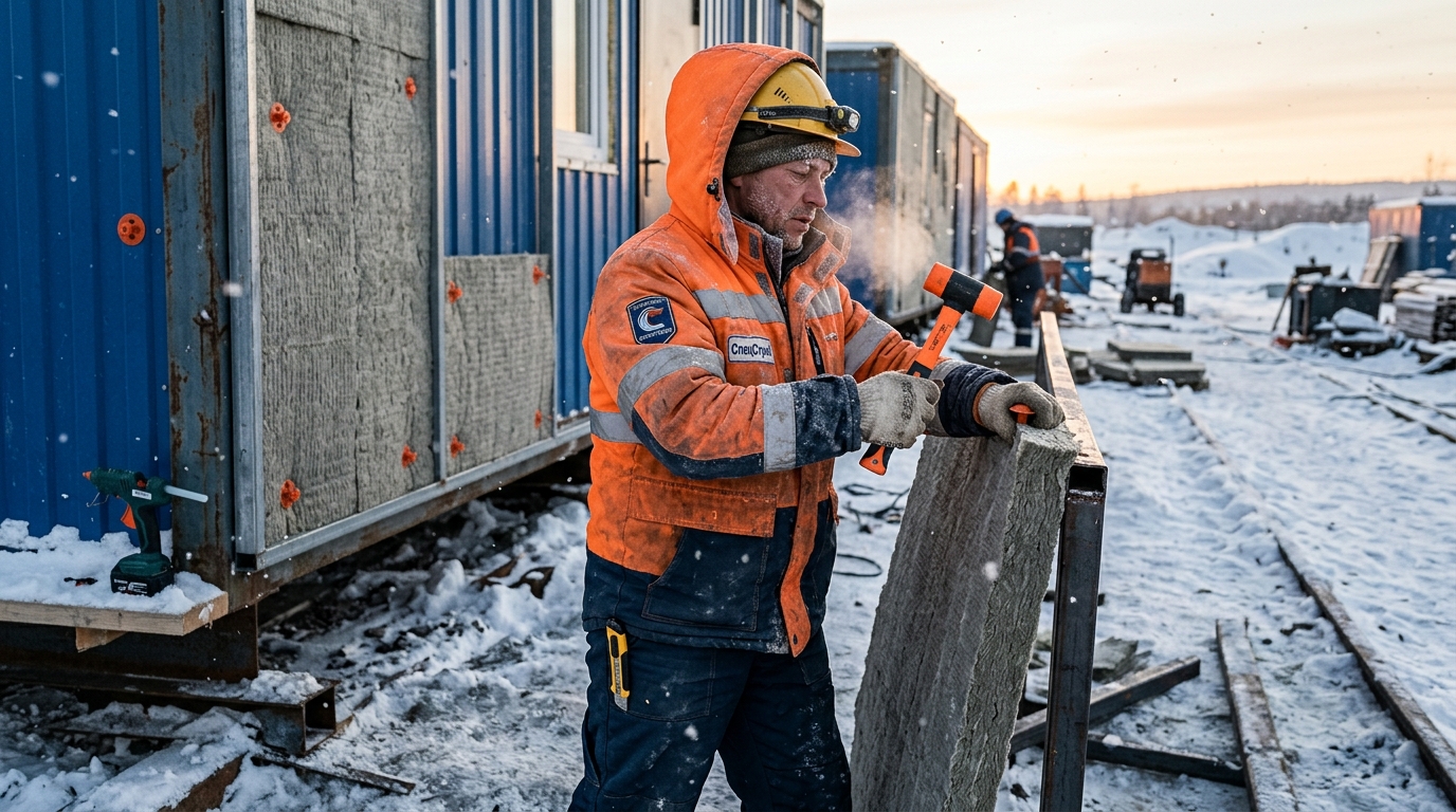 Работник утепляет металлическую бытовку минеральной ватой в зимних условиях