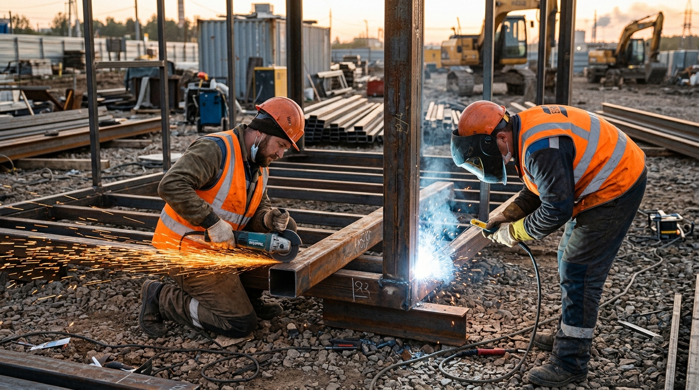 Процесс сборки бытовки: резка трубы и сварка каркаса