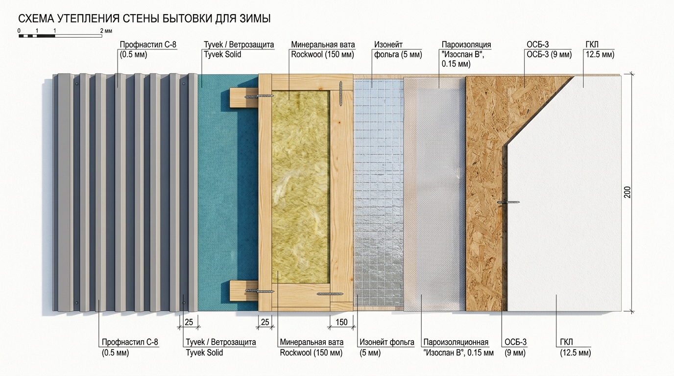 Схема многослойного утепления бытовки для зимы с указанием материалов