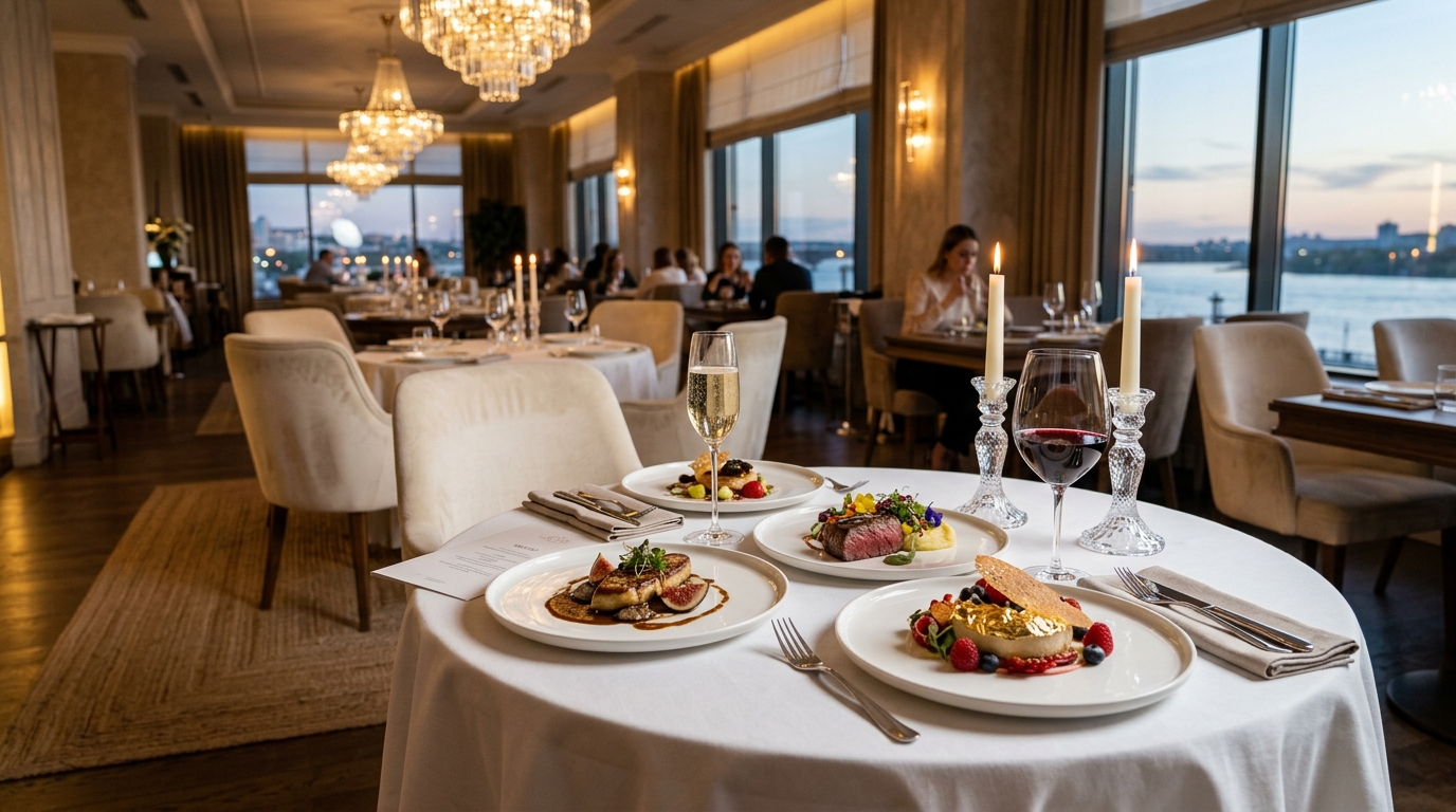 Элегантный зал ресторана авторской кухни в Волгограде с изысканными блюдами на столе